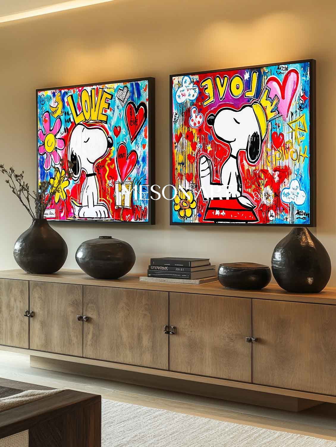 LOVE Graffiti Abstract Art 2-Piece Set Snoopy Pop Art Snoopy and LOVE Wall Art Decoration