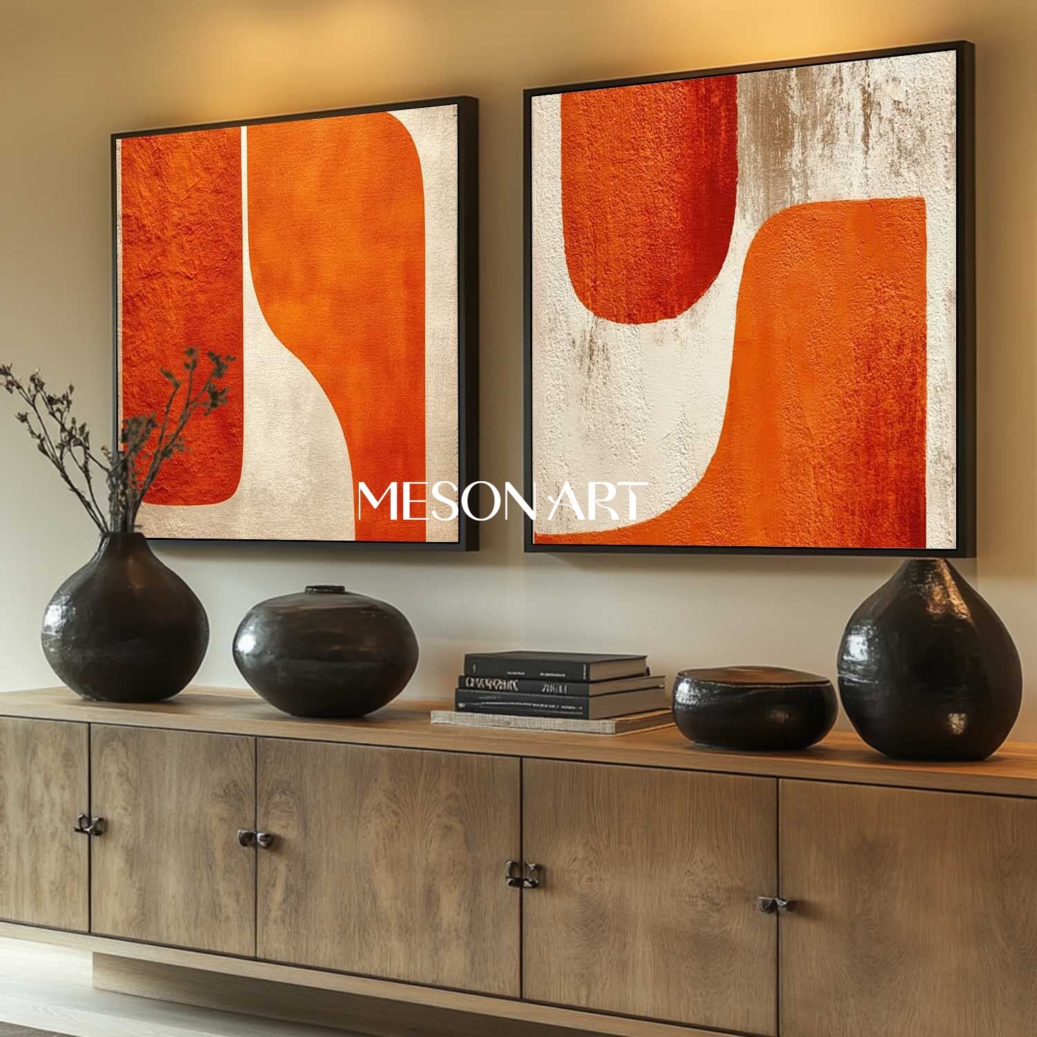 Minimalist Modern Wall Art Orange Abstract Geometric Canvas Set