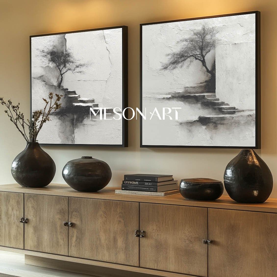 Modern ink landscape painting 2-piece set black and white wabi-sabi art landscape Japanese painting