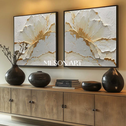 Large Gold and White Plaster Canvas Wall Art Set of 2 Textured Flower Paintings for Modern Decor