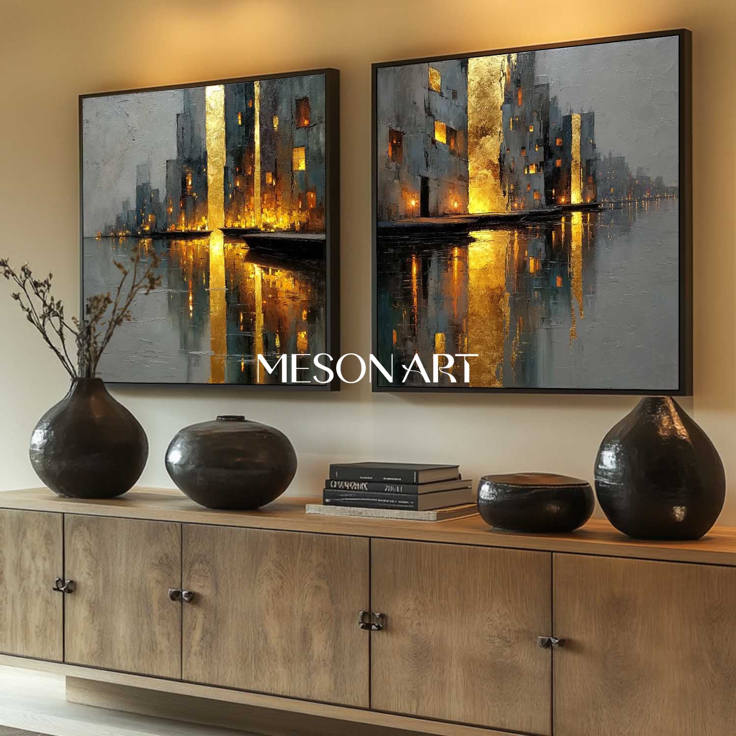 Large Abstract Gold and Grey Cityscape Wall Art Set of 2 Modern Textured Canvas Paintings