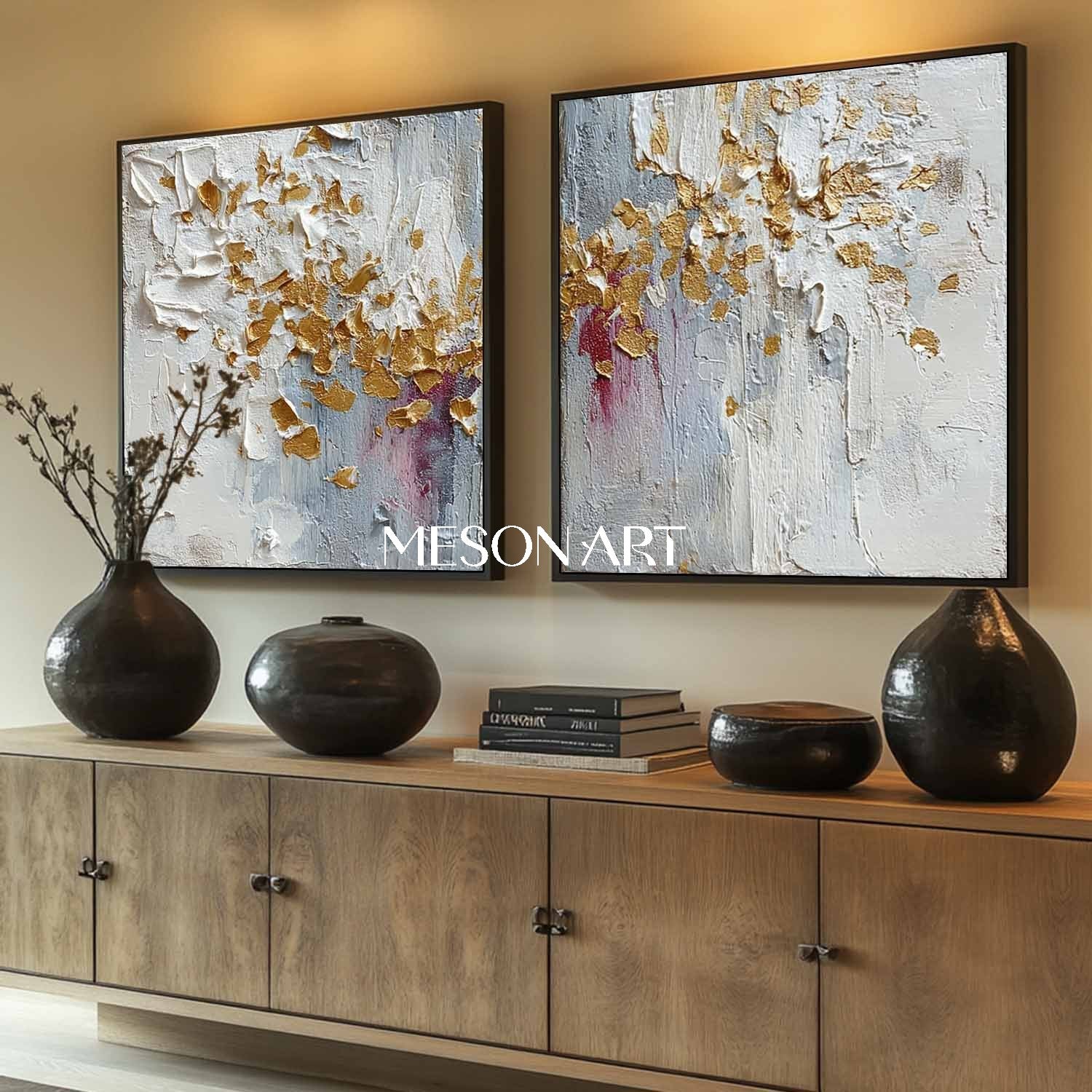 Buy Textured Diptych Abstract Wall Art Gold Oil Paintings Living Room