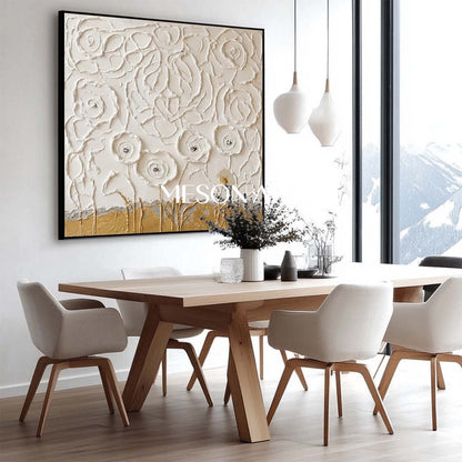 3D Textured White Flower Canvas Art | Gold Plaster Wall Decor