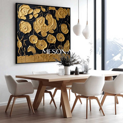 Black And Gold 3D Textured Flower Art | Luxury Canvas Painting