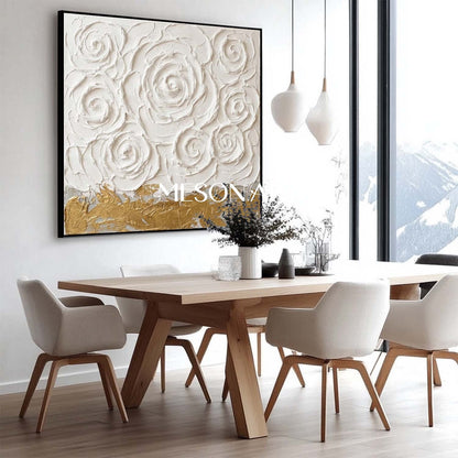 3D Textured White Rose Canvas Art | Gold Foil Plaster Painting