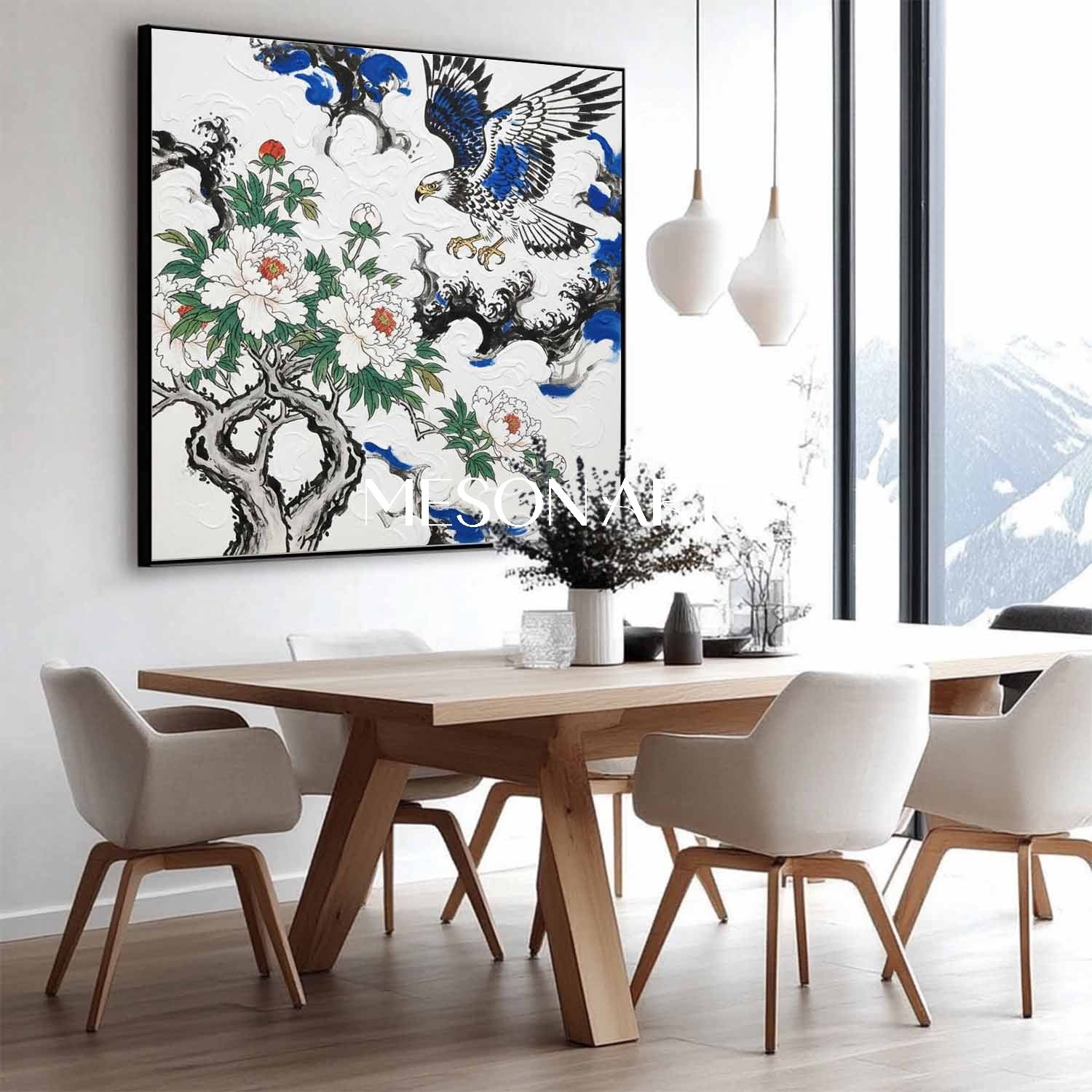 MesonArt 3D Textured Peony & Eagle Wall Art | Gold Framed Chinoiserie Canvas Painting