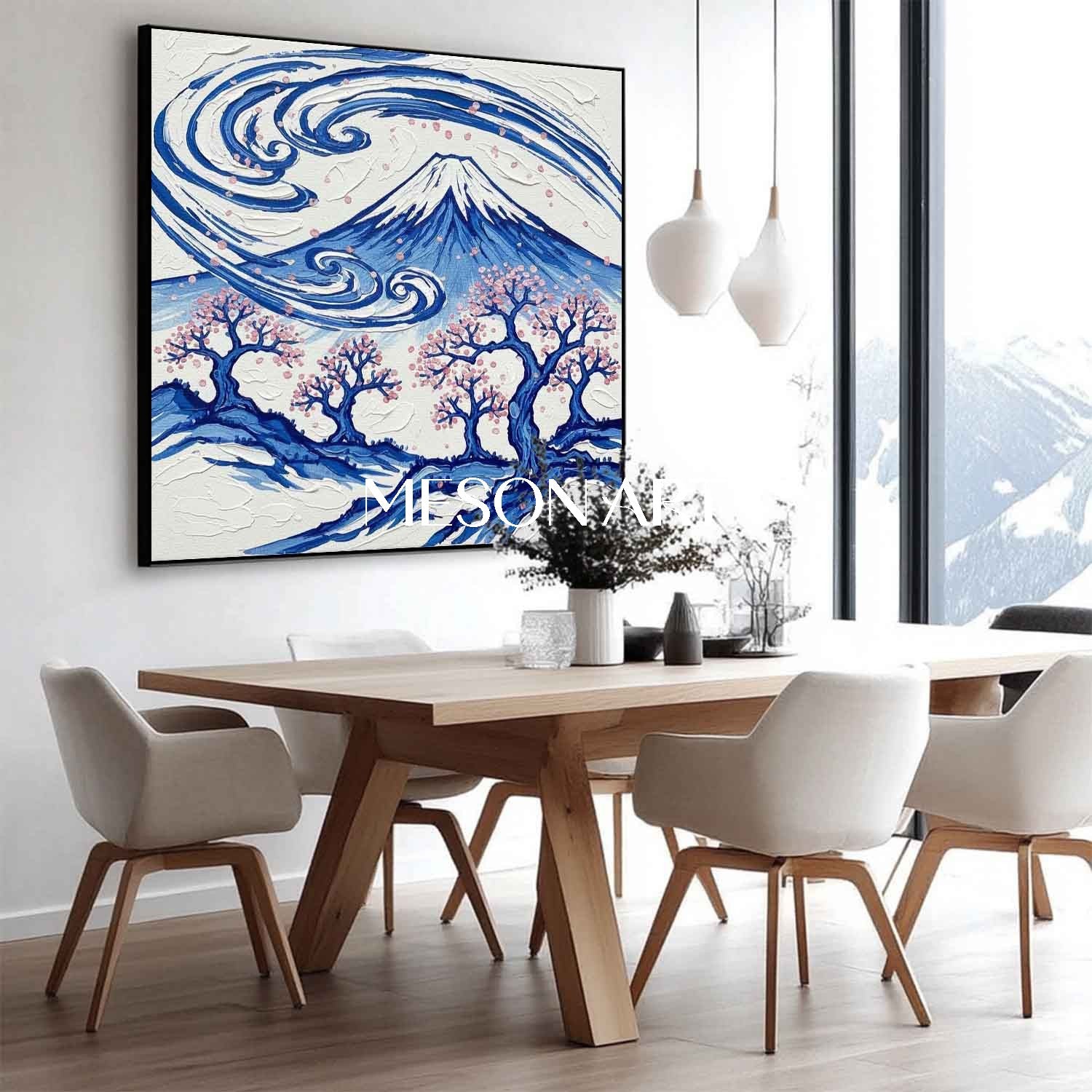 Feng Shui Living Room Art Pink Cherry Blossom Sakura Tree Japanese Mount Fuji Scenery Art