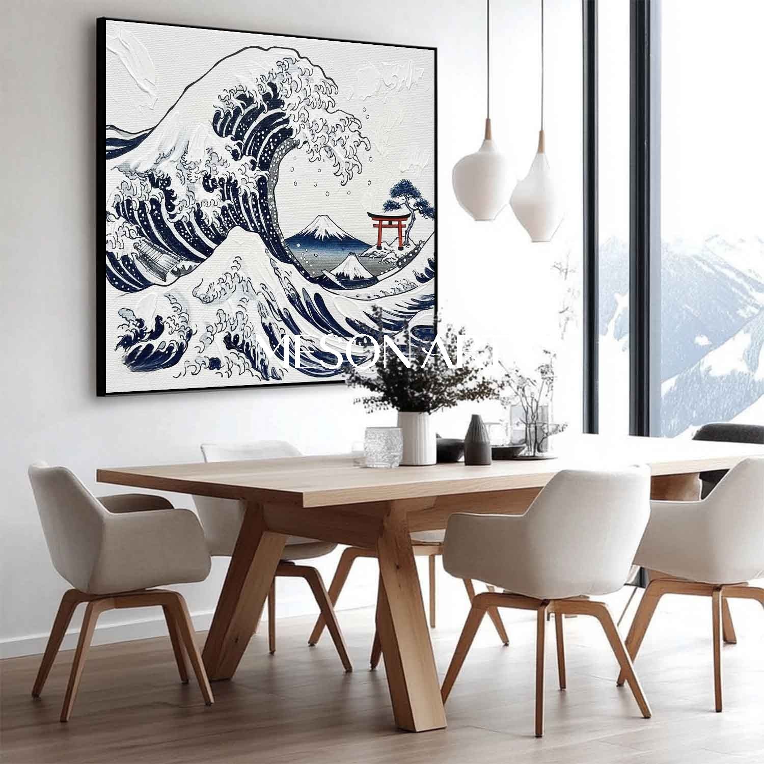 MesonArt 3D Textured Great Wave Canvas Painting - Framed Japandi Wall Art