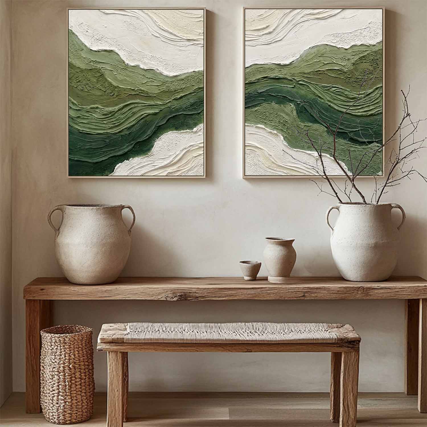 2-Piece Set Of Green Wave Living Room Painting Green Abstract Canvas Wall Art Decoration