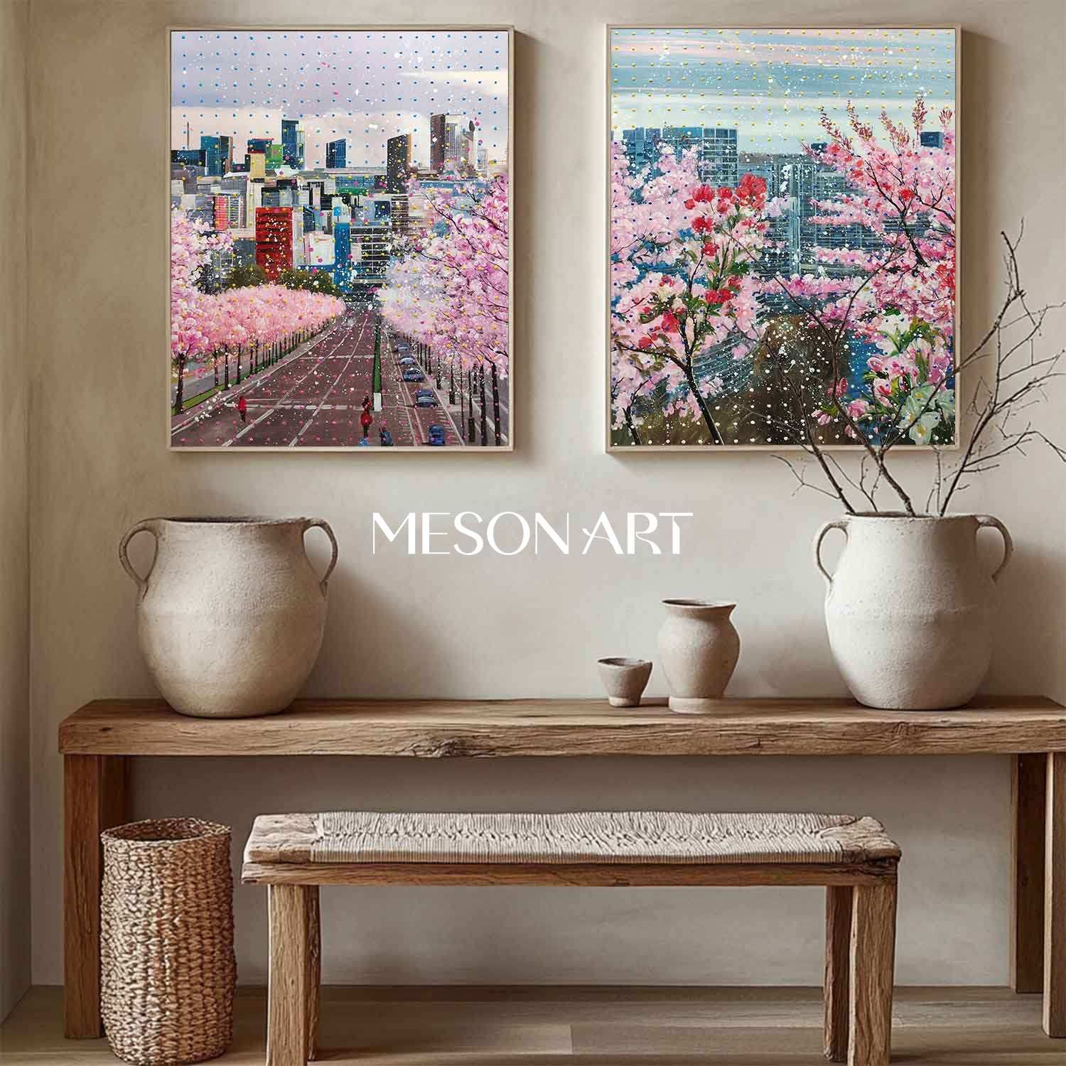 Cherry Blossom Cityscape Wall Art Set 2 Piece Modern Urban Canvas Painting for Home