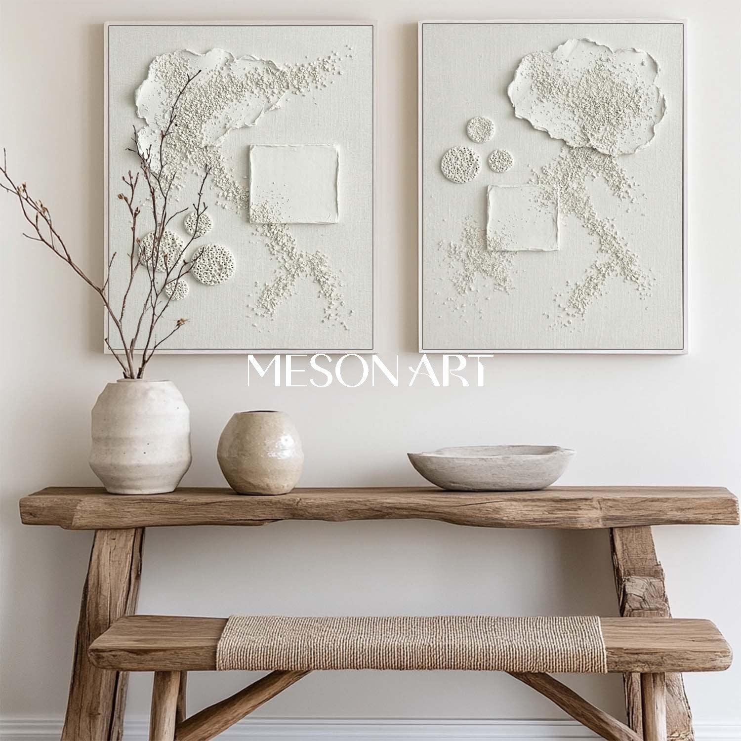 Minimalist 3D White Textured Canvas Painting Set of 2 - Abstract Plaster Relief Diptych Wall Art by MesonArt