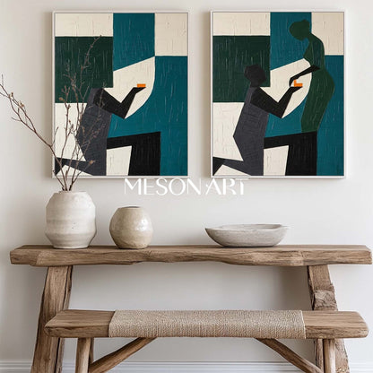 2-Piece Set Of 3D Textured Abstract Couple Proposal Oil Painting Geometric Plaster Canvas Wall Art for Modern Romantic Home Decor