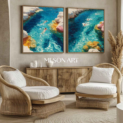 Large Seaside Swimming Canvas Art 2 Piece Set For sale Summer Holiday Wall Paintings