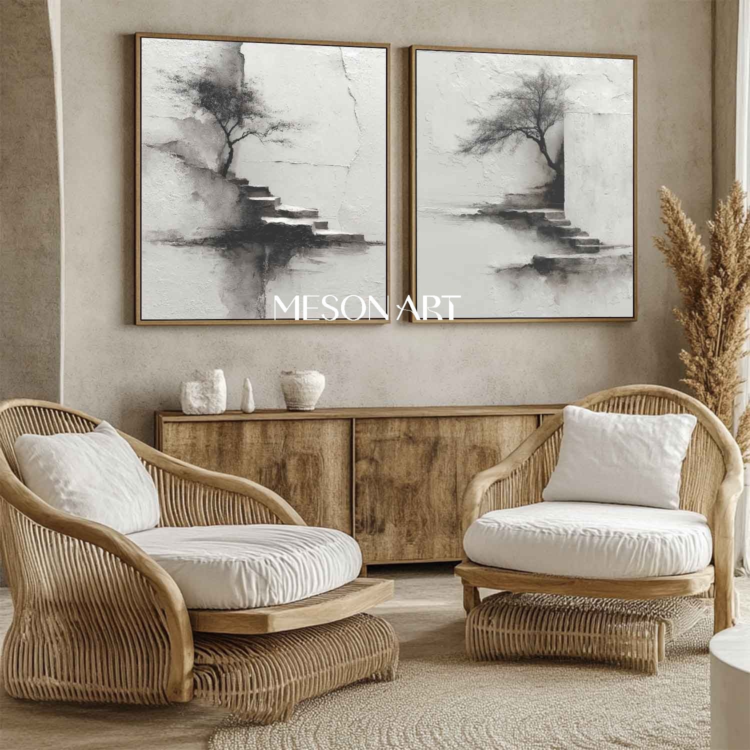 Modern ink landscape painting 2-piece set black and white wabi-sabi art landscape Japanese painting