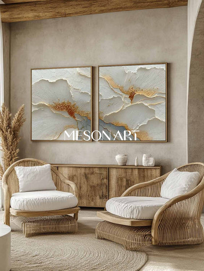 Luxury White and Gold Plaster Canvas Art, Elegant Plaster Flower Paintings for Home Decor