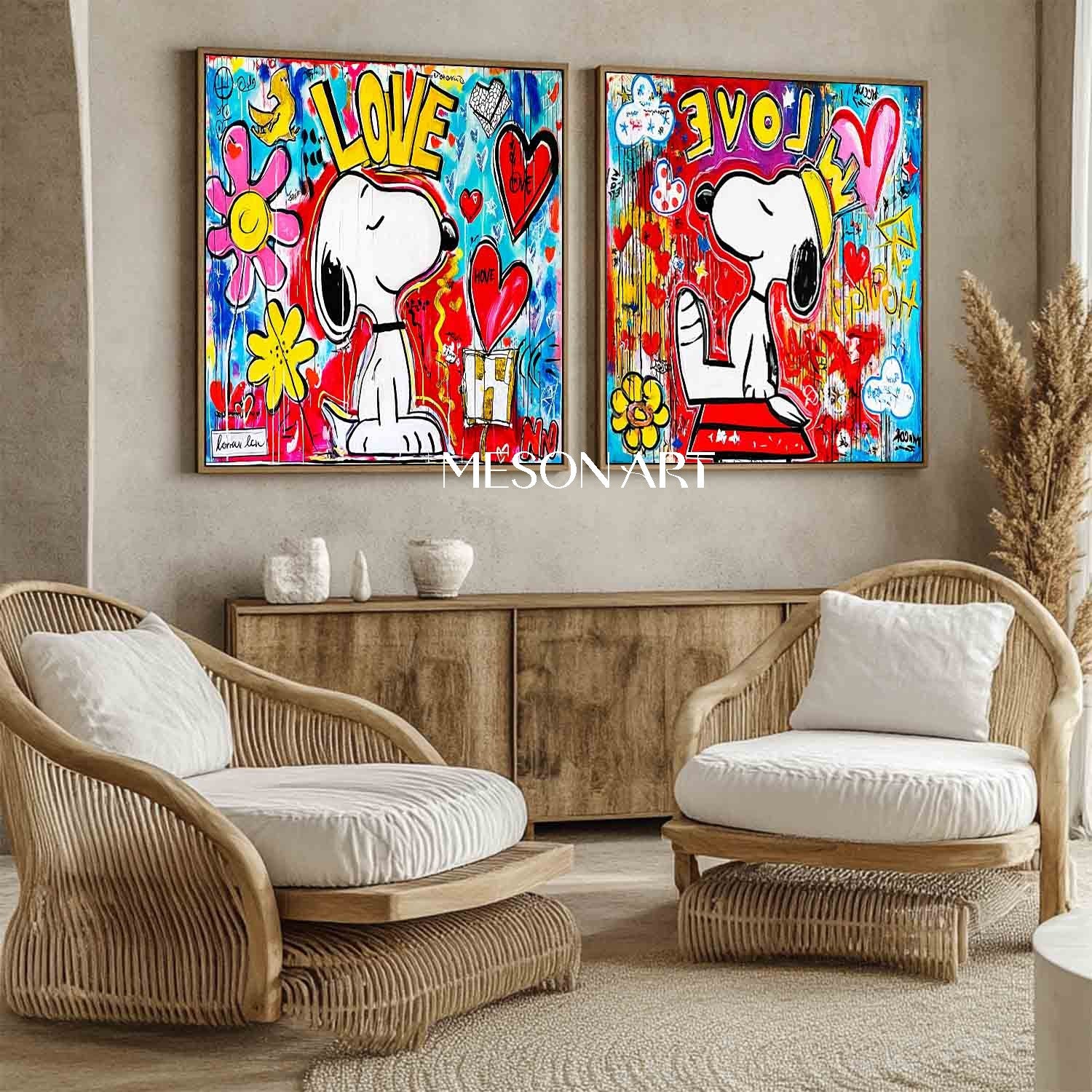 LOVE Graffiti Abstract Art 2-Piece Set Snoopy Pop Art Snoopy and LOVE Wall Art Decoration