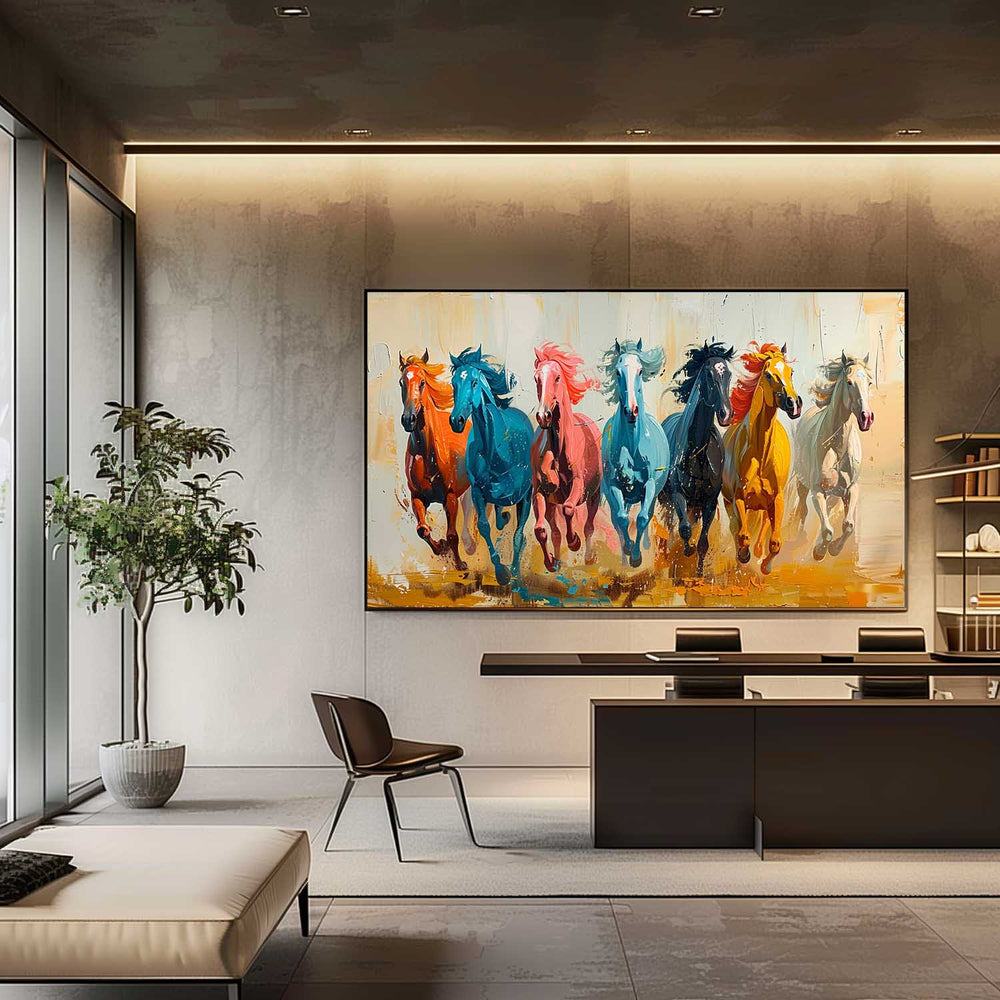 Large Colorful Running Horses Oil Painting Living Room Colorful Horses ...