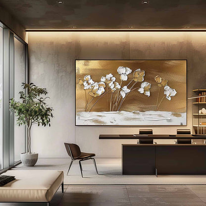 Large Golden Flower Art on Canvas Golden Flower Wall Art Golden Flower Abstract Texture Painting