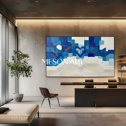 Modern Large Framed Blue and Beige Textured Geometric Heart Wall Art | 3D Plaster Canvas Painting for Living Room | MesonArt