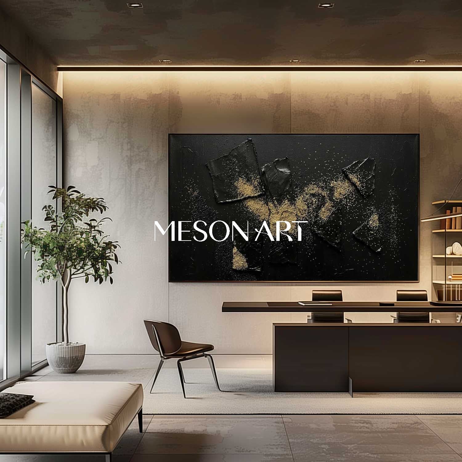 Black And Gold Abstract Canvas Wall Art 3D Textured Painting MesonArt