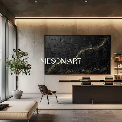 Large Abstract Forest Black Gold Canvas 3D Textured Geometric Pine Tree Art