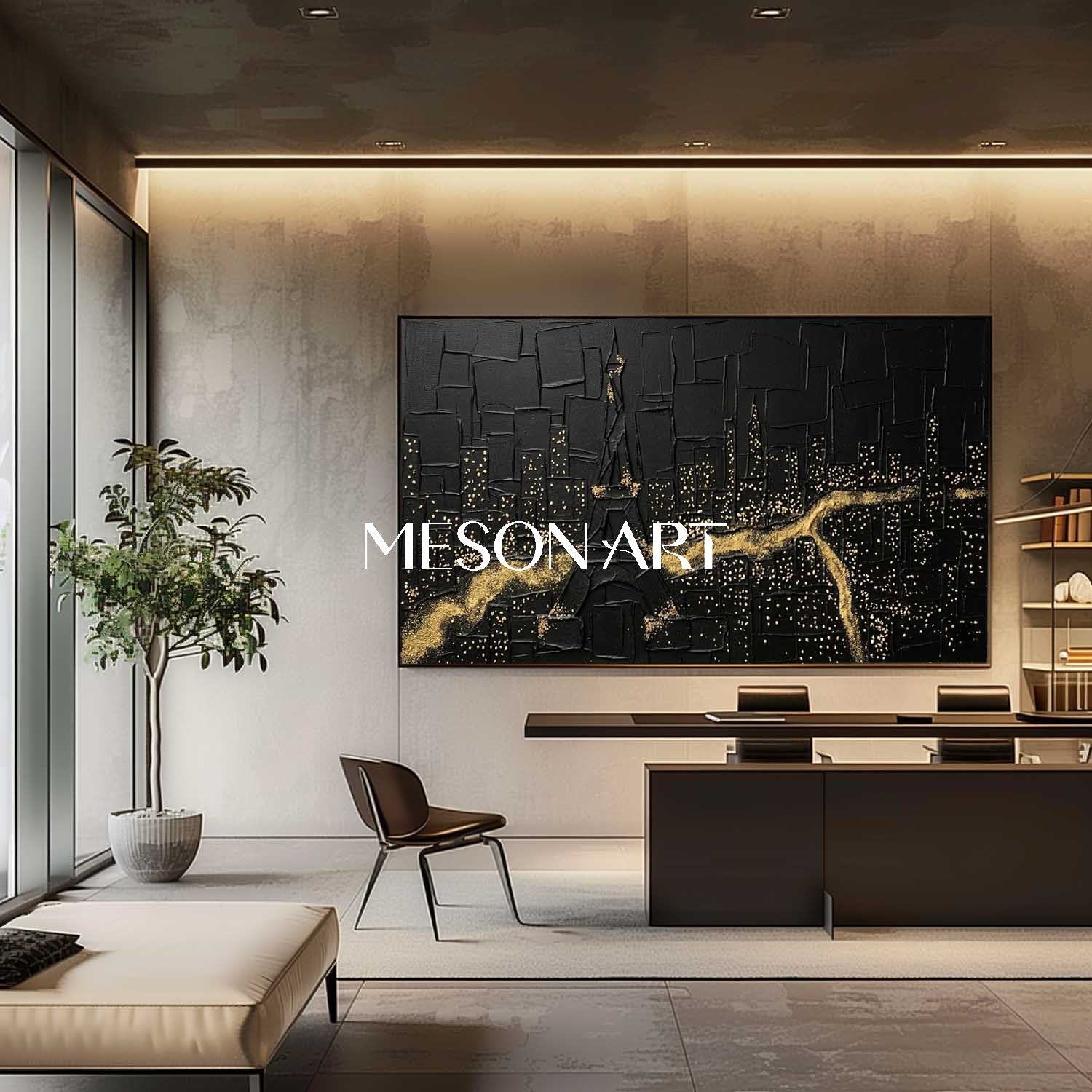 Large Abstract Forest Black Gold Canvas Minimalist Stardust Forest Aesthetic