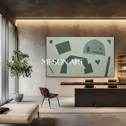 Tonal Sage Framed Painting Panoramic Green Geometric Canvas Above Sofa Abstract Wall Decor
