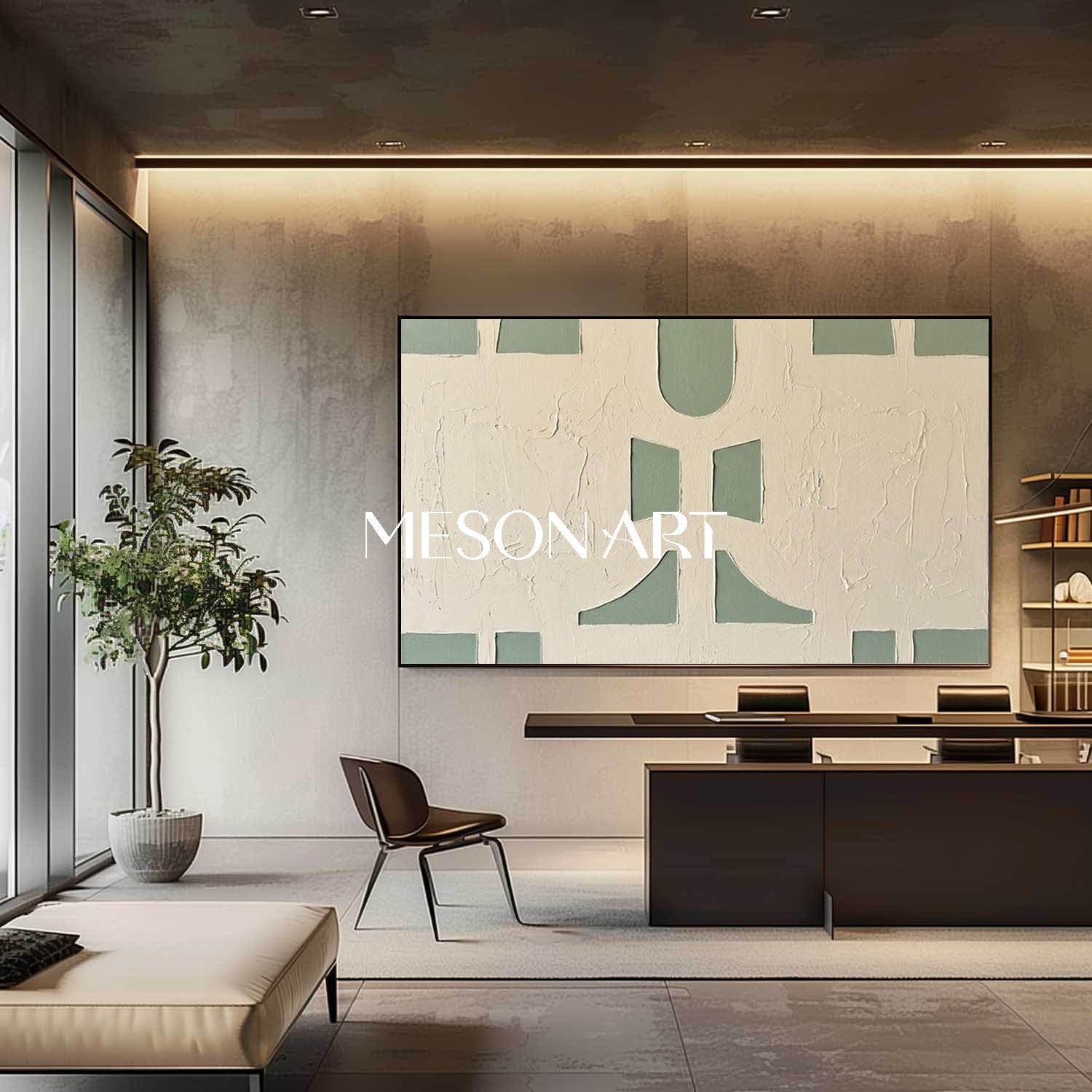 Panoramic Sage Green Canvas 3D Textured Geometric Painting Custom Size Architectural Canvas