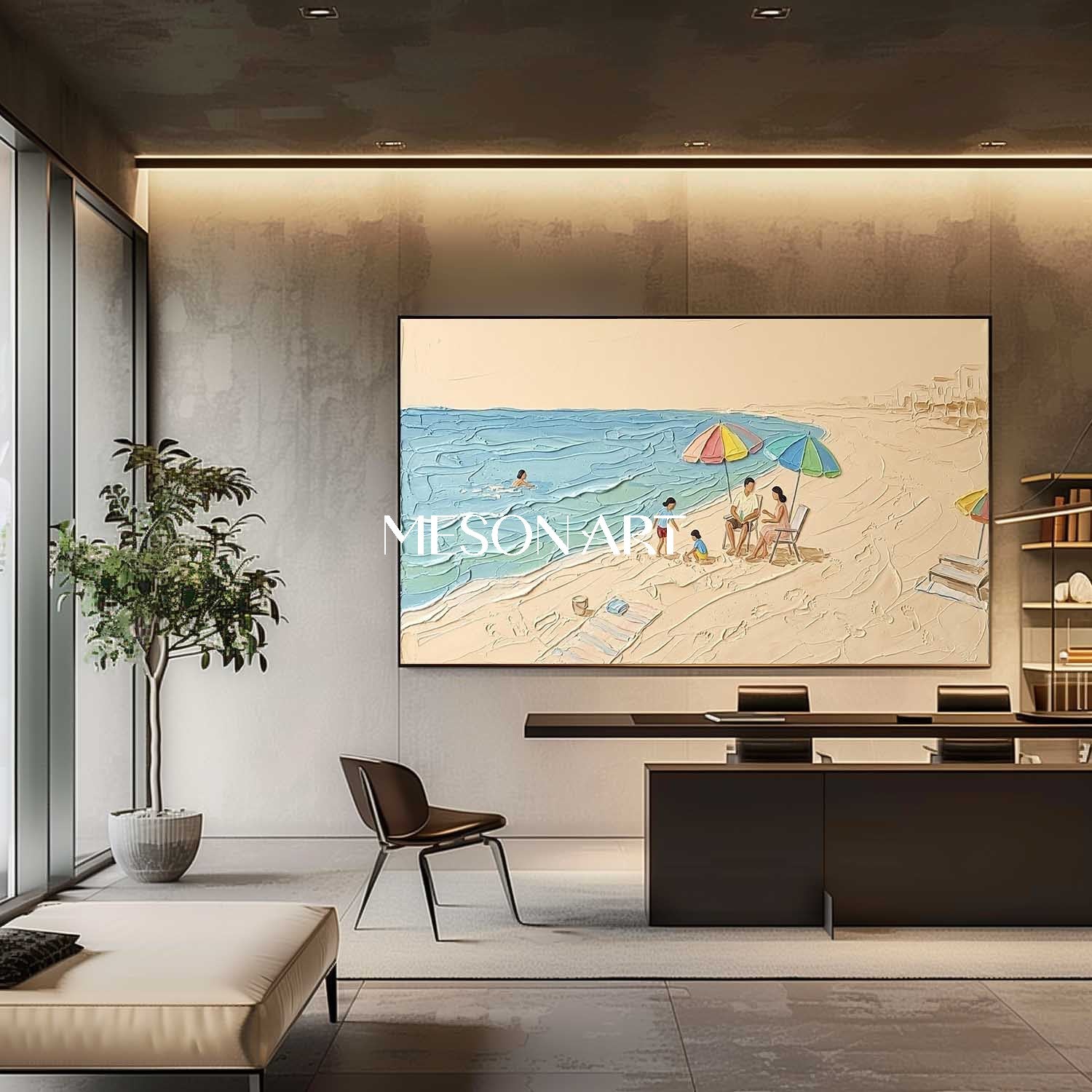 Family Beach Scene Wall Art Morandi Seascape Painting Large Vertical Canvas Art