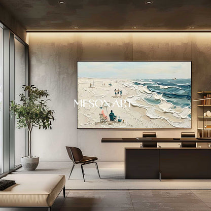 Sandy Beach Painting Beach Ocean Waves Painting Textured Wall Art Large Framed Canvas Ready To Hang Panoramic