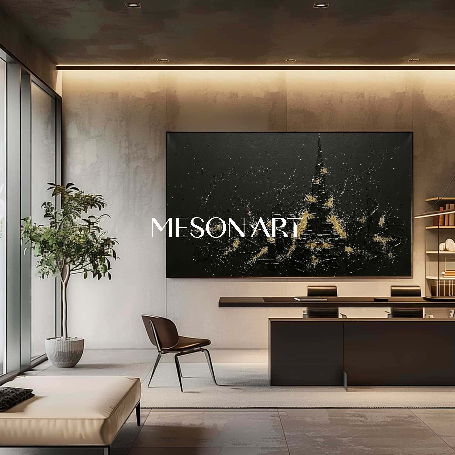 Large 3D Impasto Canvas, Heavy Plaster Architecture Art, Dark Aesthetic Luxury Decor, Gold Dust Urban Landscape.
