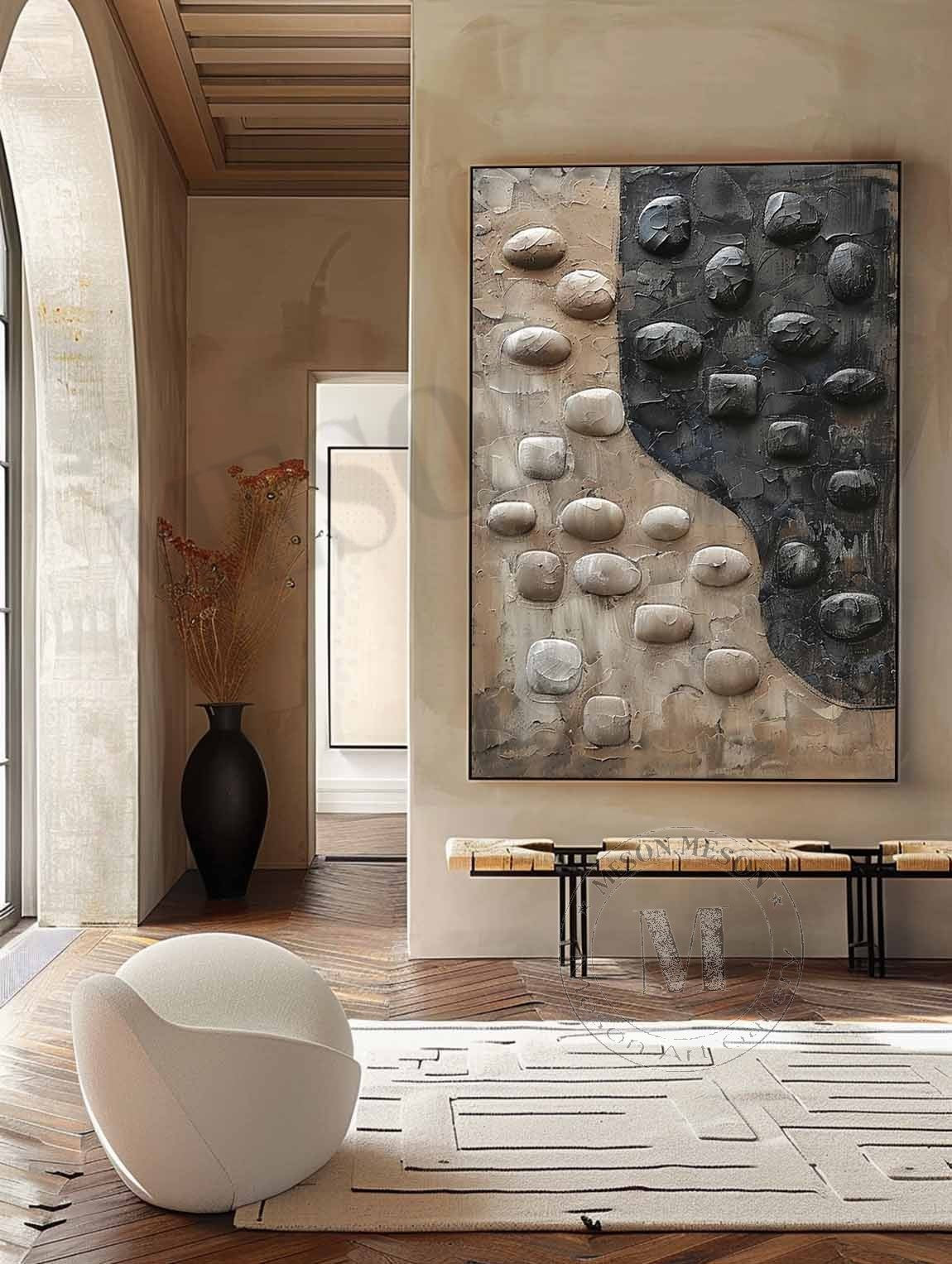 Large 3D Black and White Textured Painting Wabi-Sabi Art Black and White Abstract Wall Art