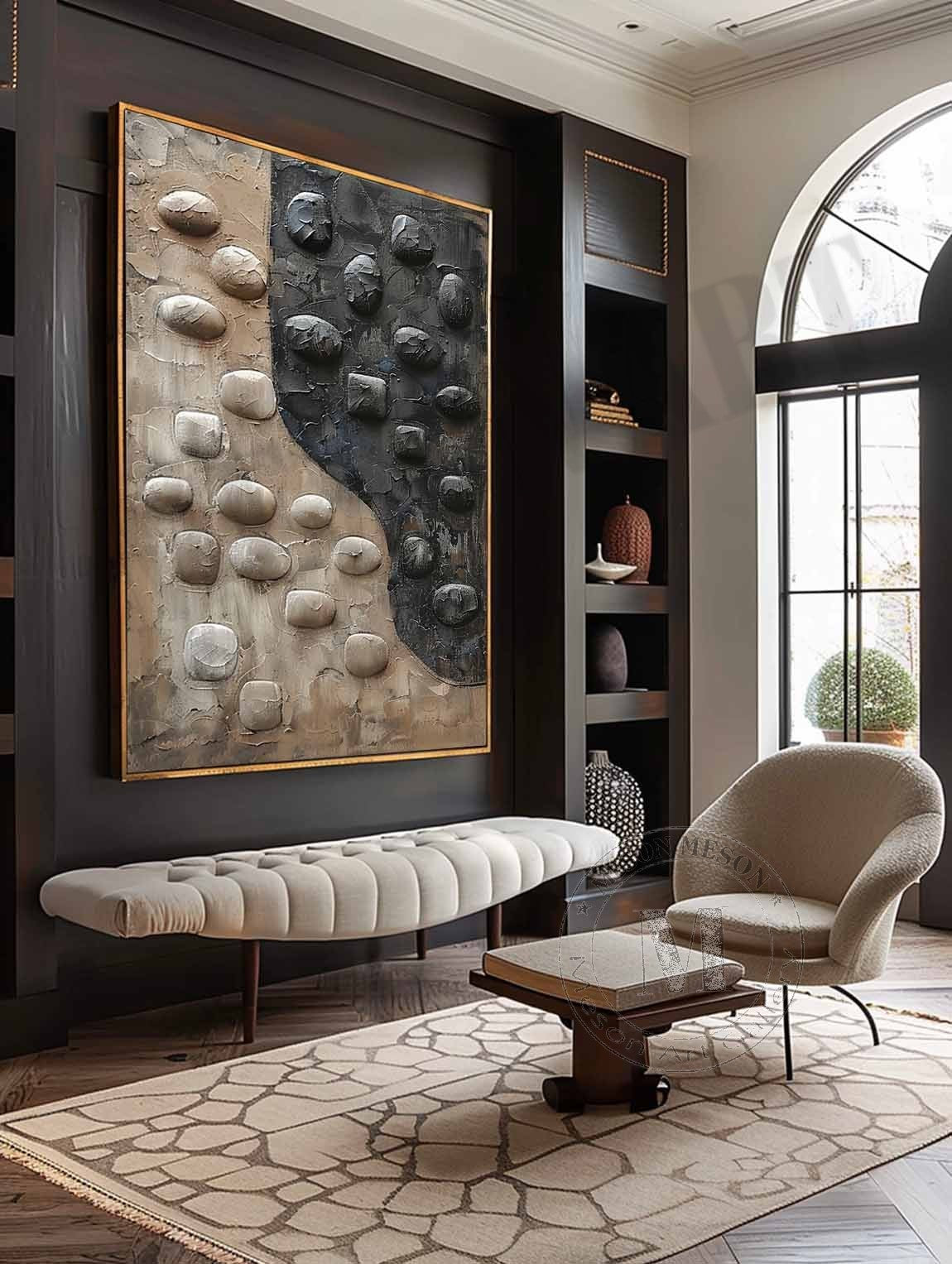 Large 3D Black and White Textured Painting Wabi-Sabi Art Black and White Abstract Wall Art