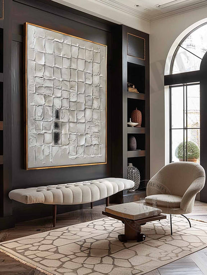 3D White Plaster Texture Painting White Minimalist Abstract Canvas Wall Art for Sale