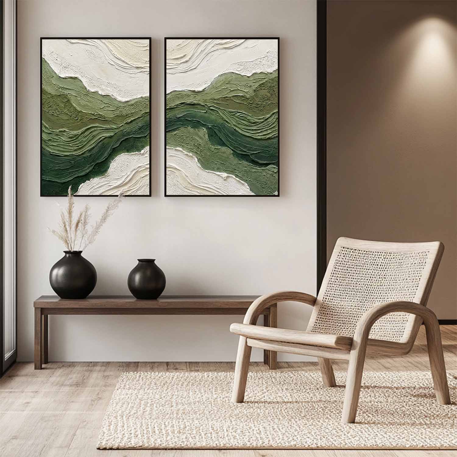 2-Piece Set Of Green Wave Living Room Painting Green Abstract Canvas Wall Art Decoration