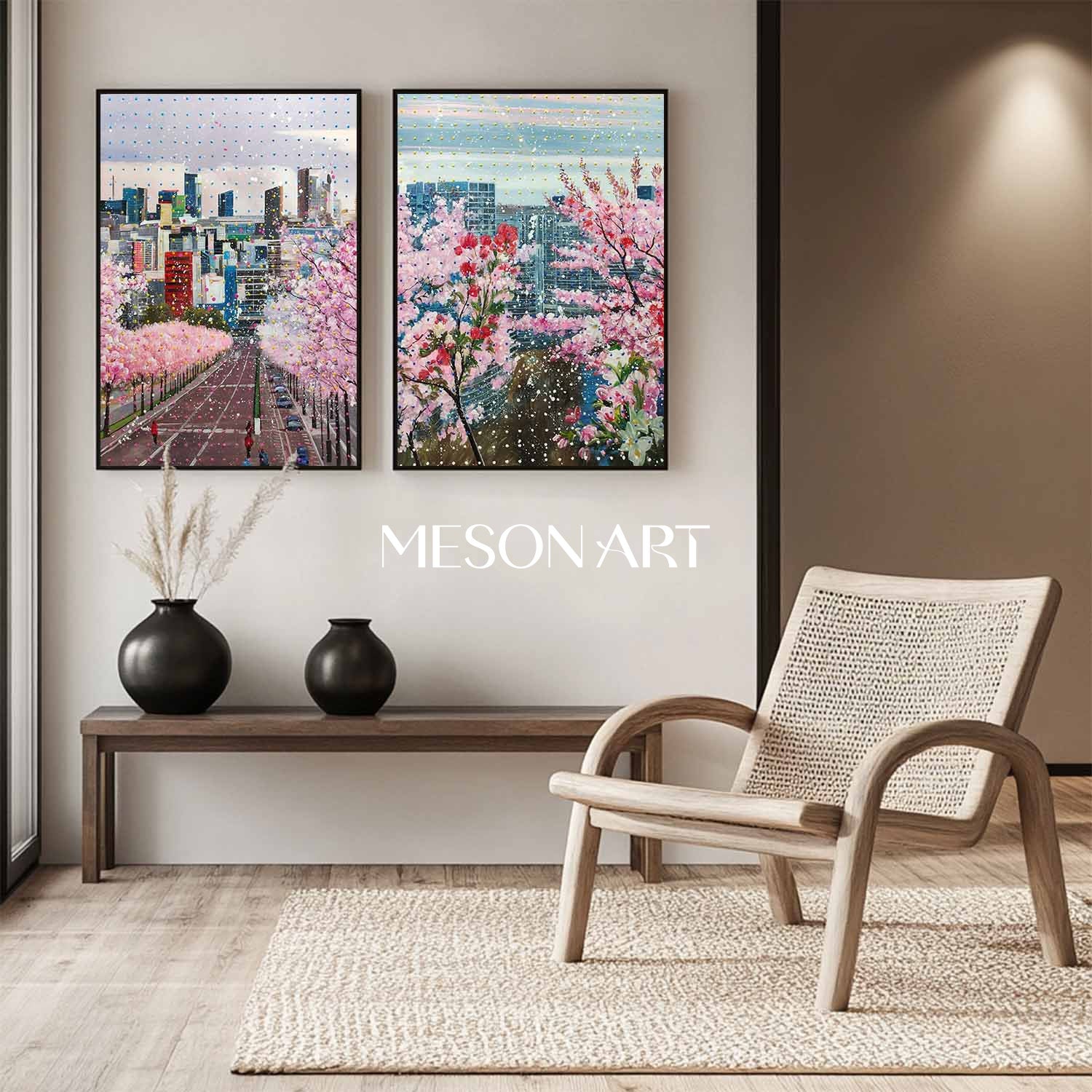 Cherry Blossom Cityscape Wall Art Set 2 Piece Modern Urban Canvas Painting for Home