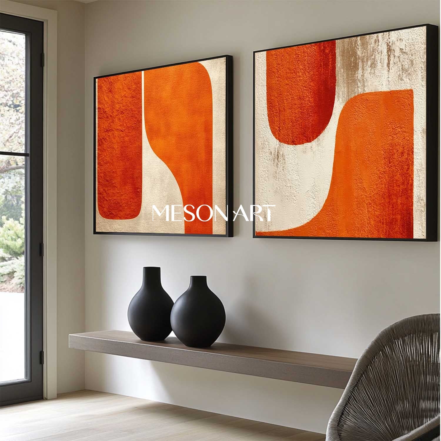 Minimalist Modern Wall Art Orange Abstract Geometric Canvas Set