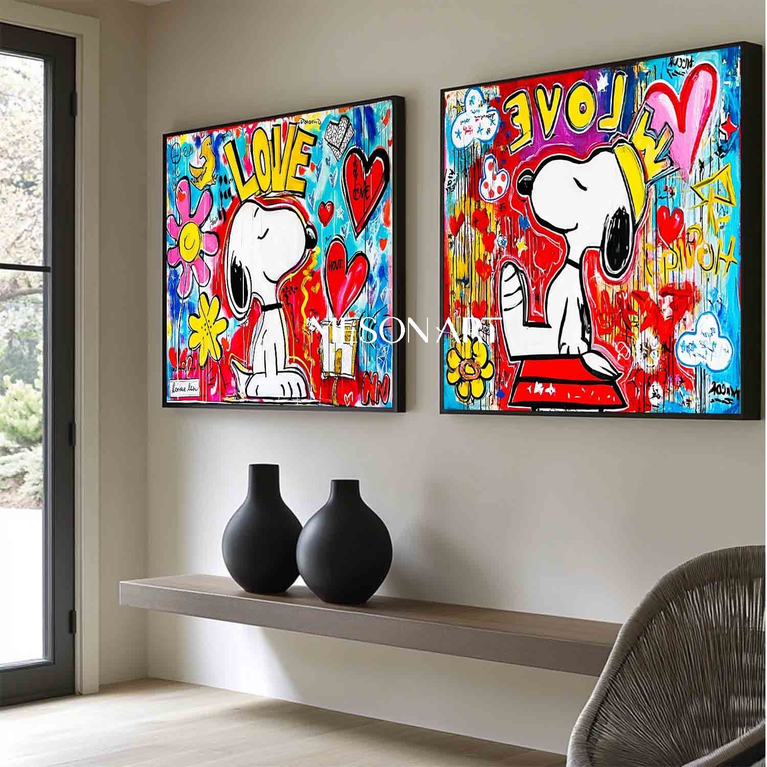 LOVE Graffiti Abstract Art 2-Piece Set Snoopy Pop Art Snoopy and LOVE Wall Art Decoration
