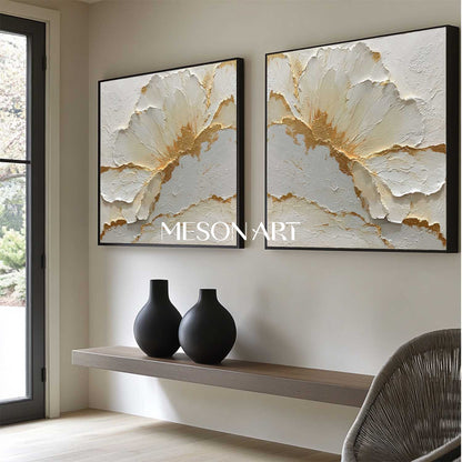 Large Gold and White Plaster Canvas Wall Art Set of 2 Textured Flower Paintings for Modern Decor
