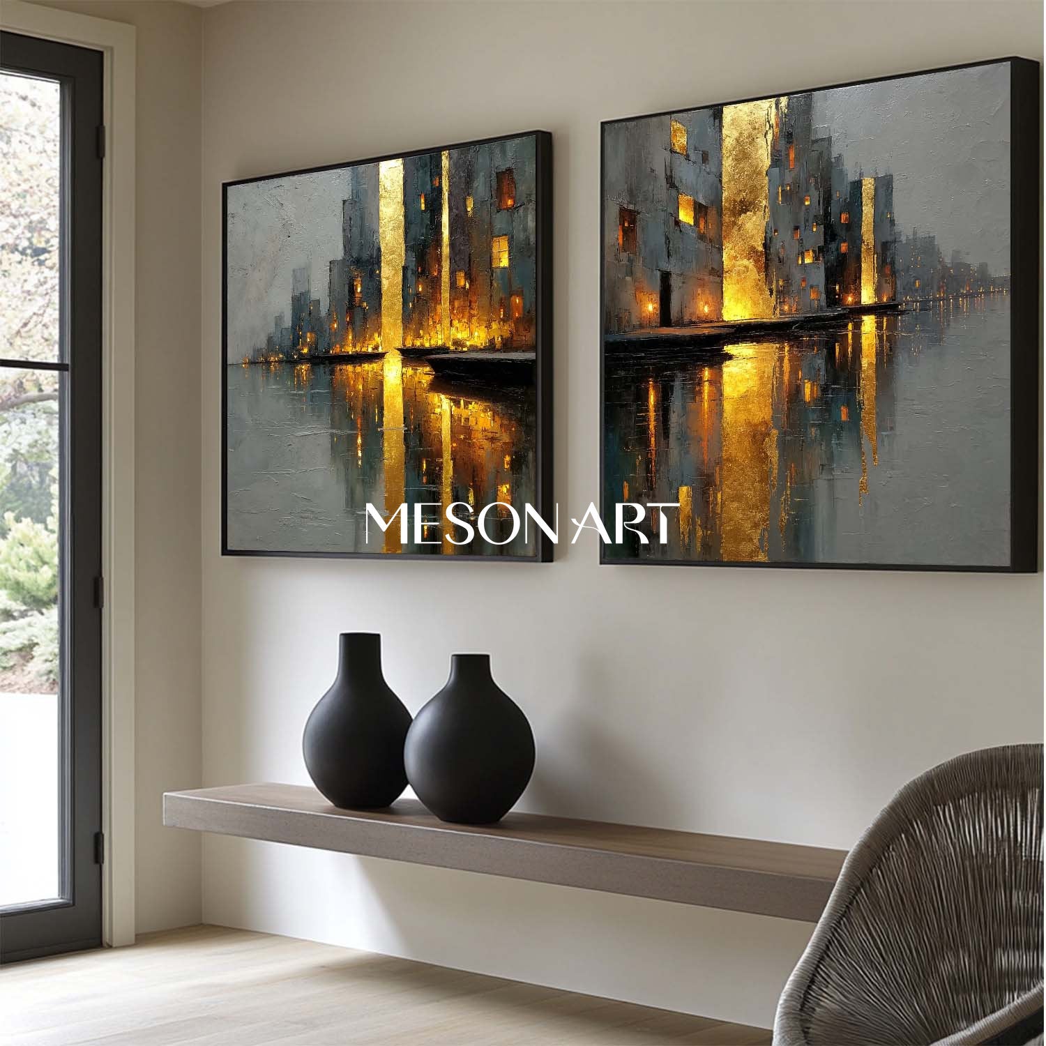 Large Abstract Gold and Grey Cityscape Wall Art Set of 2 Modern Textured Canvas Paintings