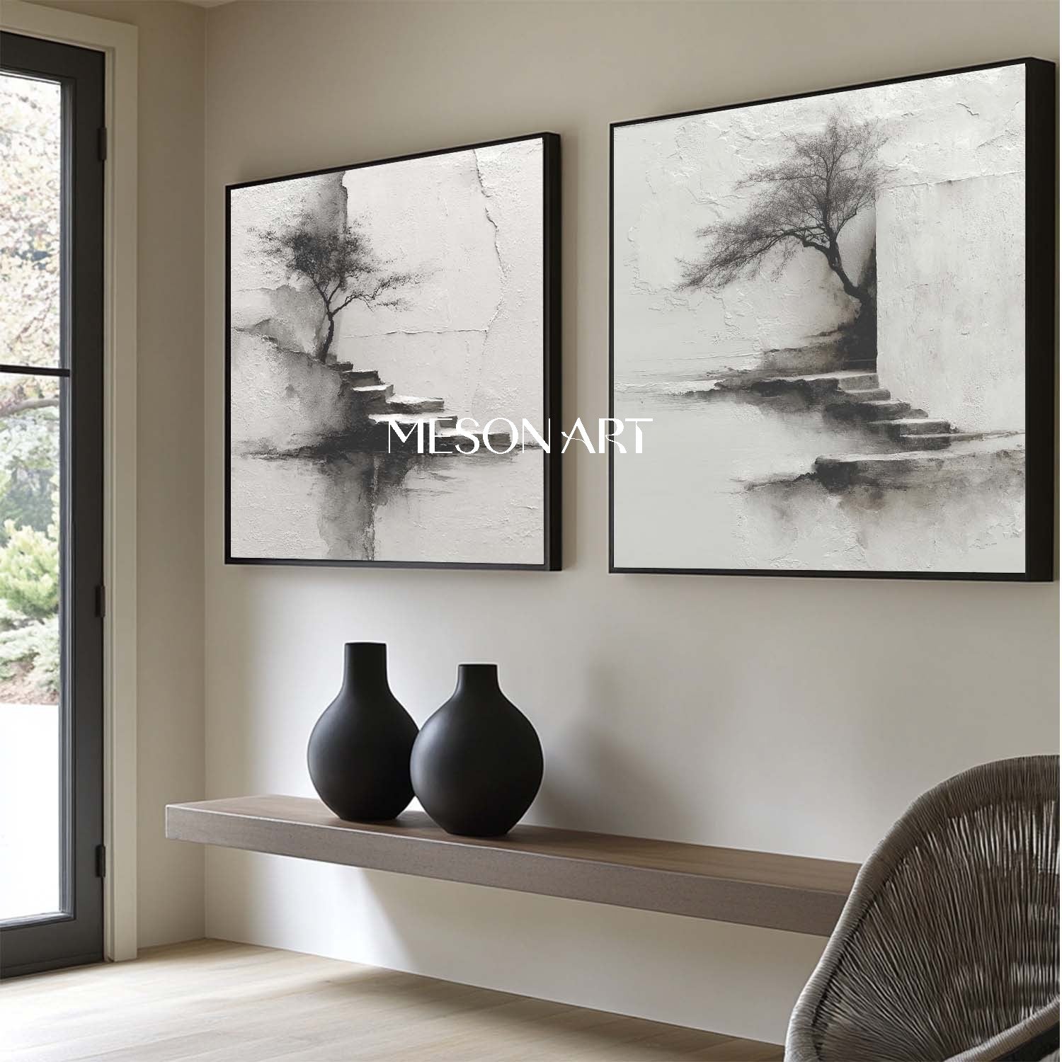 Modern ink landscape painting 2-piece set black and white wabi-sabi art landscape Japanese painting