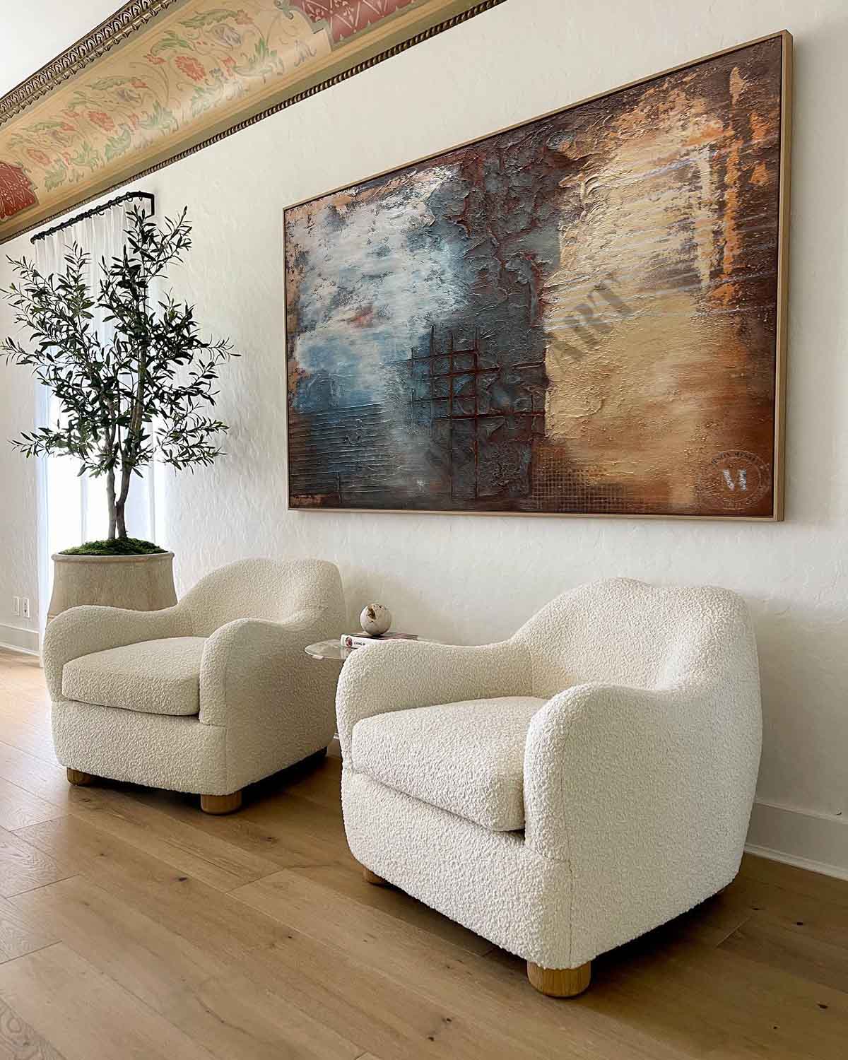 Large Wabi Sabi Abstract Art Wall Decor Blue and Brown Textured Painting for Sale