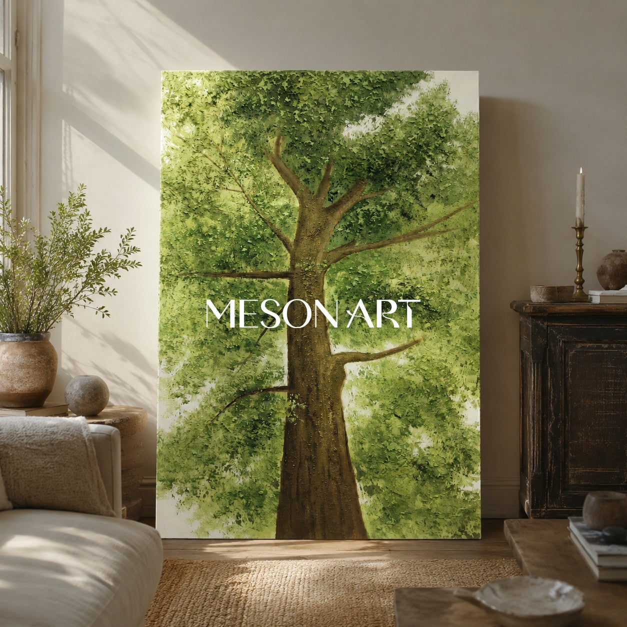 Big Green Tree Art on Canvas Green Textured Big Tree Canvas Painting Green Big Tree Wall Art