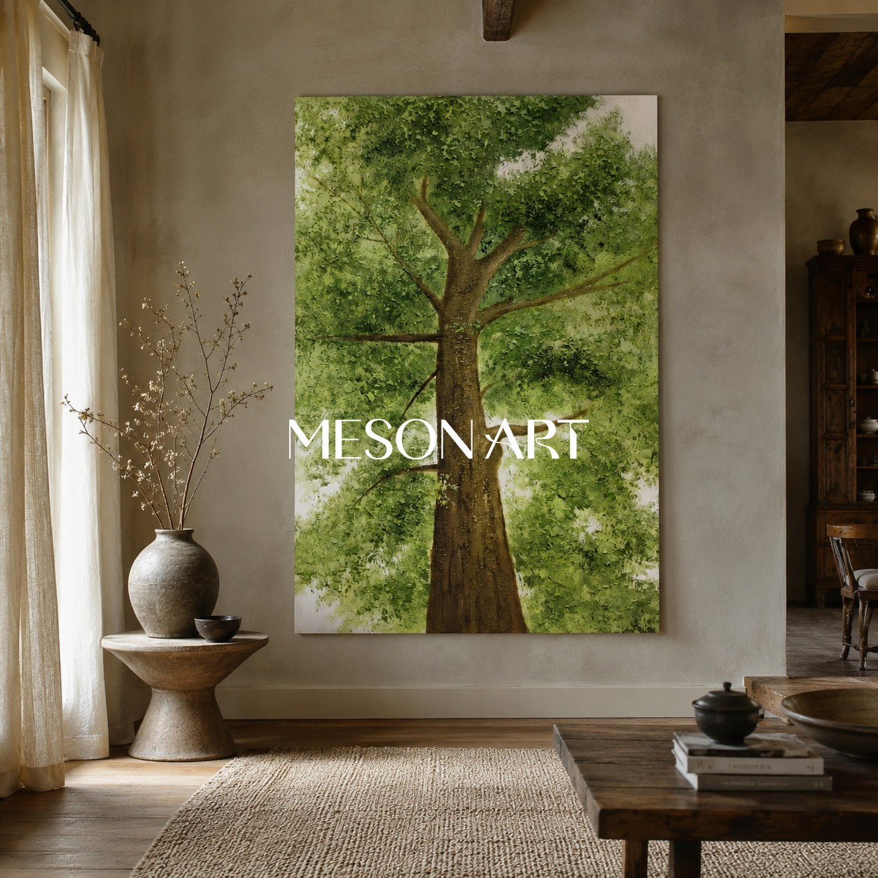 Big Green Tree Art on Canvas Green Textured Big Tree Canvas Painting Green Big Tree Wall Art