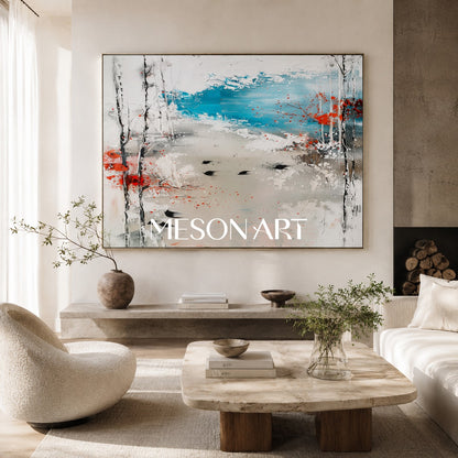 Large White Abstract Landscape Art for Sale Winter Lakeside Abstract Oil Painting Lakeside Canvas Wall Art