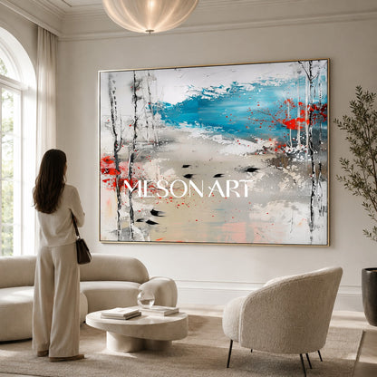 Large White Abstract Landscape Art for Sale Winter Lakeside Abstract Oil Painting Lakeside Canvas Wall Art