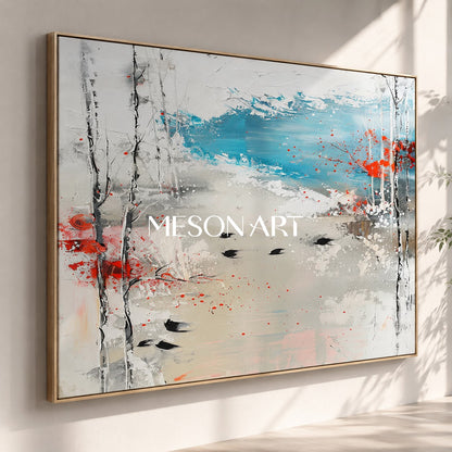 Large White Abstract Landscape Art for Sale Winter Lakeside Abstract Oil Painting Lakeside Canvas Wall Art