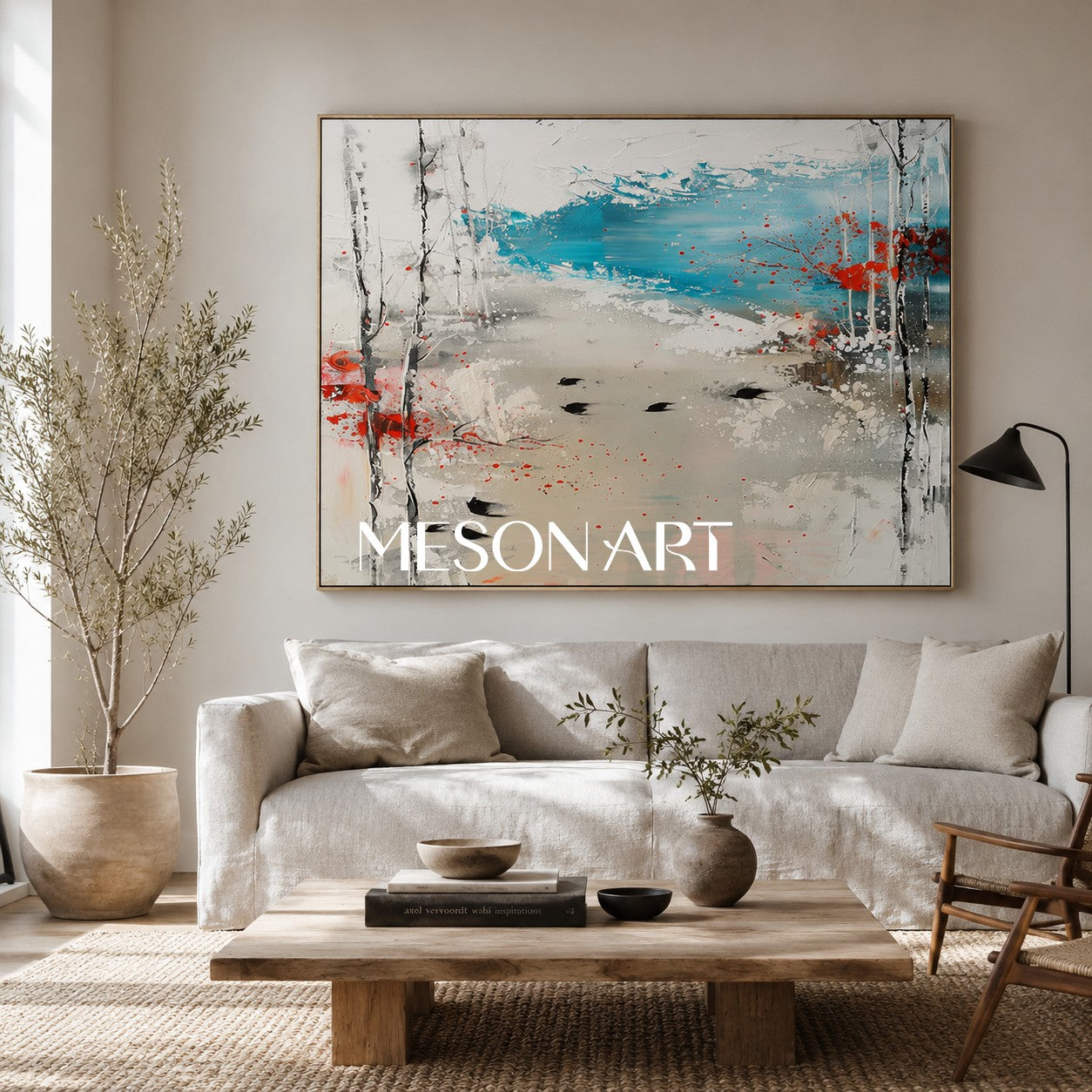 Large White Abstract Landscape Art for Sale Winter Lakeside Abstract Oil Painting Lakeside Canvas Wall Art
