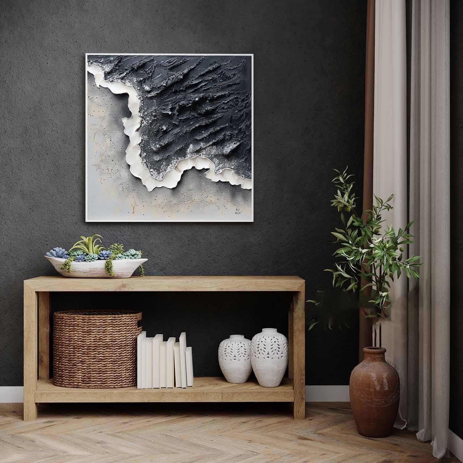3D Black and White Wave Art Black and White Abstract Textured Canvas Wall Painting