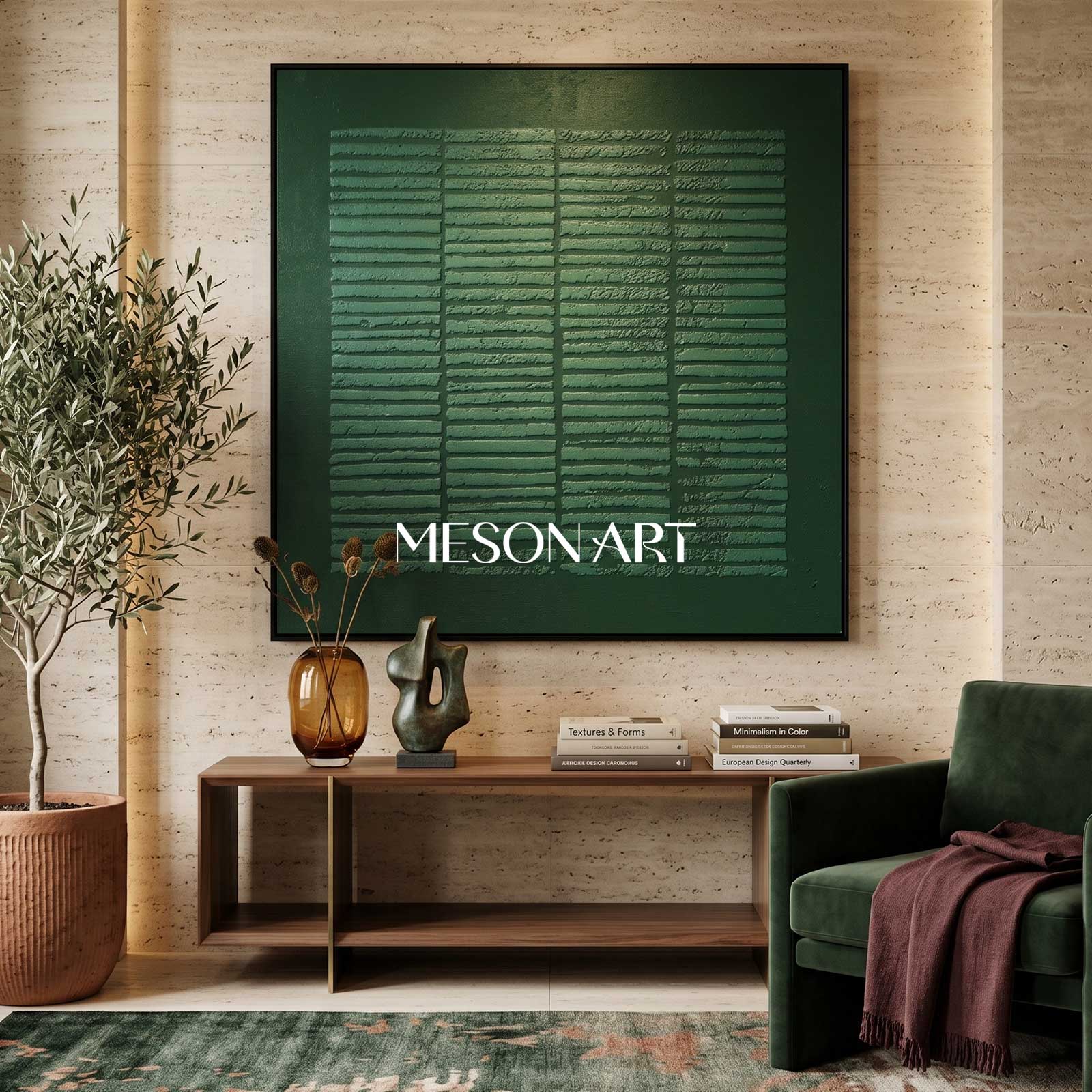 Wabi Sabi Wall Art 3D Dark Green Abstract Art Canvas Dark Green Painting Minimalist Painting 3D Texture Wall Art Dark Green Wall Art